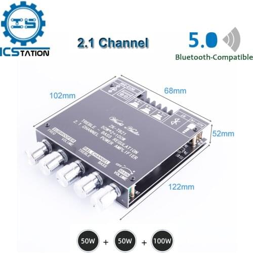 2*50W+100W TPA3116D2 Subwoofer Amplifier Board 2.1 Channel Bluetooth-Compatible Audio Stereo AMP Treble Bass Control DIY Speaker