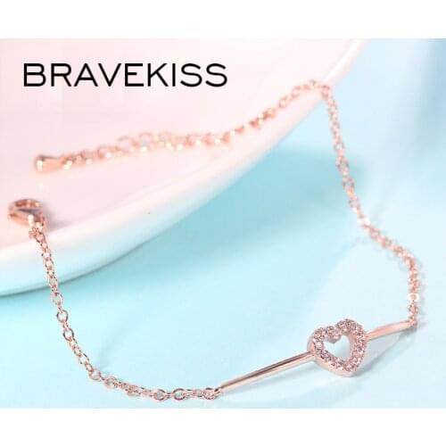 BRAVEKISS Trendy Hollow Heart Link Chain Bracelets Rose Gold Cubic Zirconia for Women Bracelet Luxury Brand Accessories BUB0170