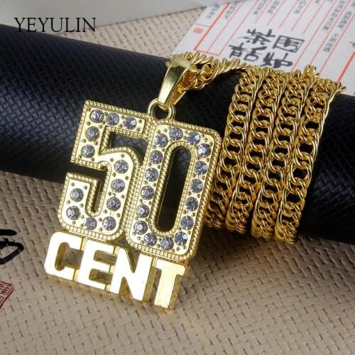 High Grade Full Rhinestone 50 Cent Pendant Necklaces Long Cuban Link Chain Fashion Necklace For Unisex Hip Hop Jewelry