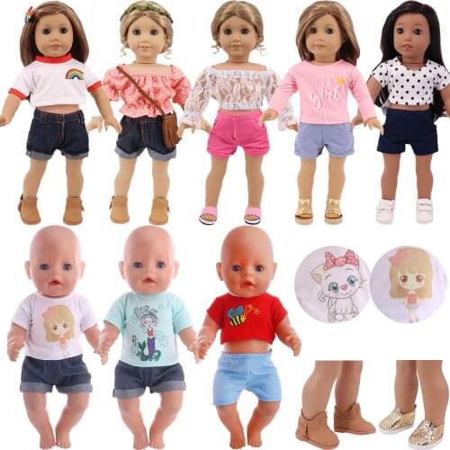 For 18 Inch American Doll Girls & 43 Cm Reborn Baby Clothes,Our Generation Doll Accessories Shoes Fashion Cute Top + Short Jeans