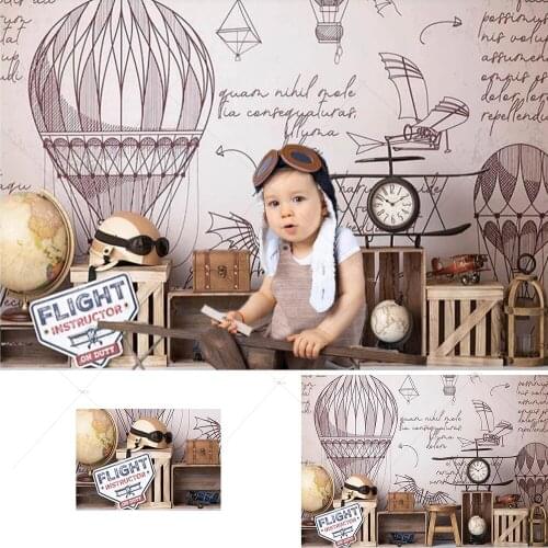 Hot Air Balloon Adventure Backdrop for Kids Birthday Cake Smash Pilot Vintage Plane Flight Photography Background Photo Studio