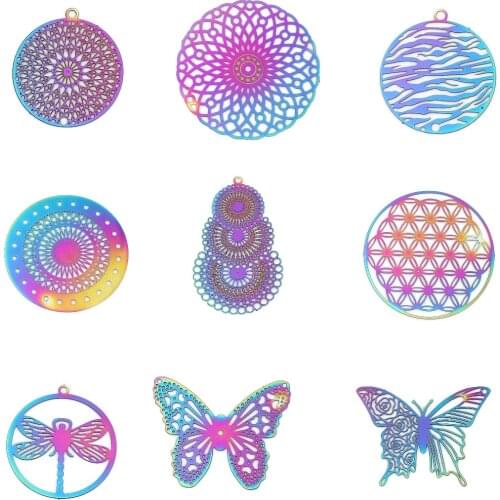 10 PCs Round Hollow Connectors Stainless Steel Filigree Stamping butterfly Connectors Purple Blue For DIY Jewelry Making