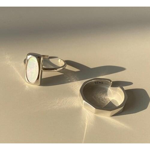 Morivovog 925 Sterling Silver Rectangle Natural Shell Rings for Women Vintage Glossy Chic Light Luxury Rings Minimalist Jewelry