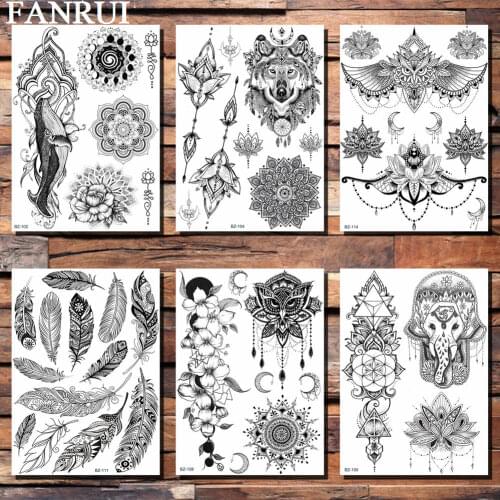 FANRUI Lotus Mandala Flower Wolf Owl Chains Lily Temporary Tattoo Sticker Black Henna Fake Tatoo Mehndi Body Art Arm Custom Tato