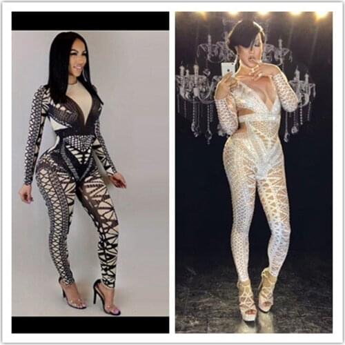 2019 New Sexy Women Body con Rhinestone Patchwork Club Halloween Party Prom Hot Evening Costumes Show Jumpsuit Romper Clothes
