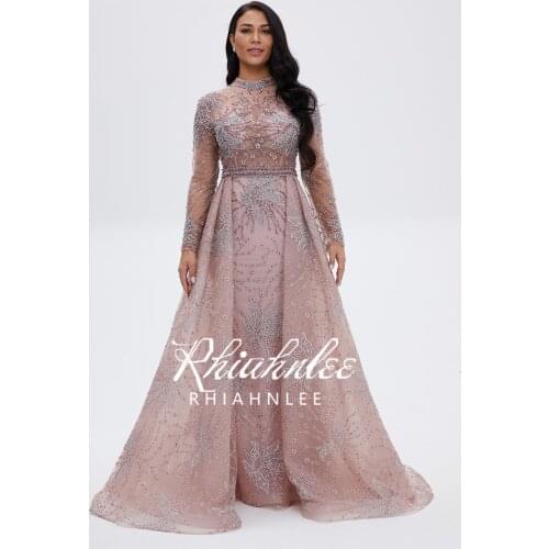 New Arrival Long Sleeve Evening Dresses High O Neckline Lace Styles Dubai Pink Formal Gowns