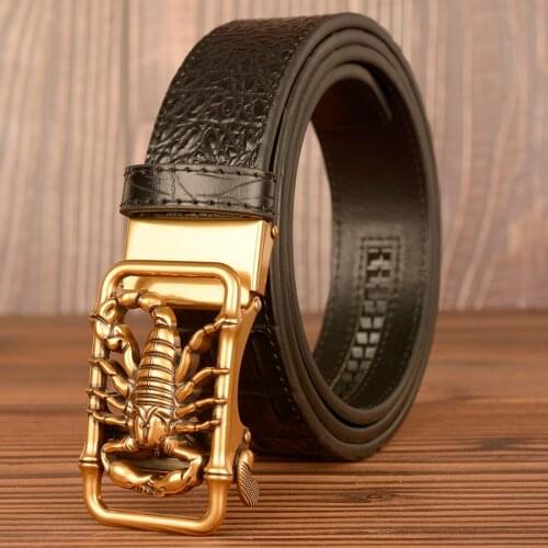 Crocodile Pattern Genuine Leather Mens Belt 3.5cm New Luxury Brand Scorpion Automatic Buckle Cowskin Belts for Men Ceinture