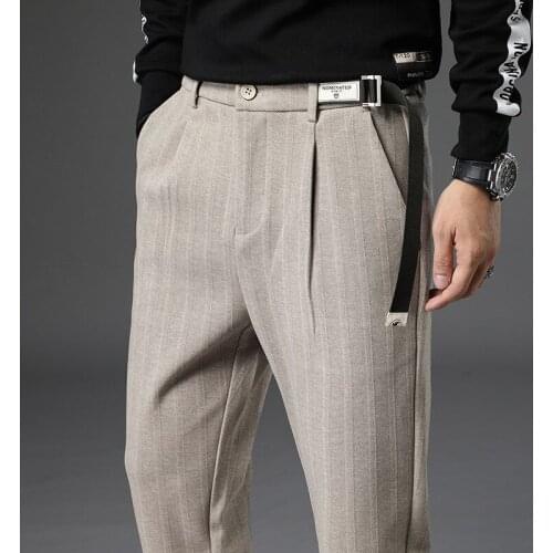 Striped Suit Pants Thick Woolen Office Business Formal Mens Dress Trousers Clothing Straight Slim Dress Pant 2021 British Style