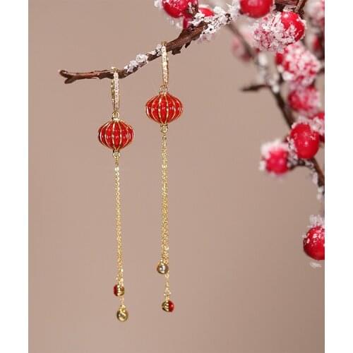 Chinese Style Red Lantern Drop Earrings For Women Luxury Crystal Shining Rhinestone Chain Tassel Earrings Wedding Party Jewelry