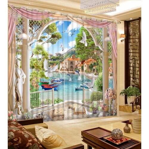 Top Classic 3D European Style Balcony Villa Lake Boat Scenery 3D Bathroom Shower Curtain Custom Any Size 3D Curtain Blackout