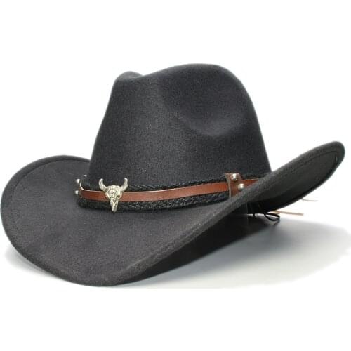 Vintage Retro Women Men Wool Wide Brim Cowboy Western Cowgirl Bowler Hat Fedora Cap Bull Head Oxhead Braid Band (57cm/Adjust)