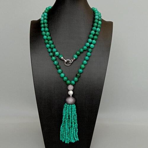 Y·YING Green Turquoise Long Necklace Cubic Zirconia Pave Pave Cap Tassel Mala 42"