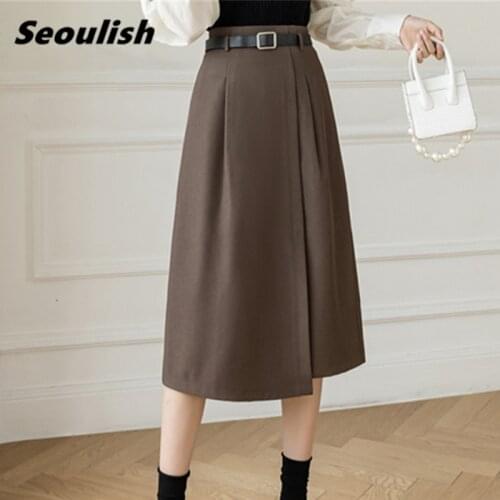 Seoulish 2021 New Autumn Irregular Women A-line Skirts With Belted Vintage High Waist Office Casual Solid Midi Skirts Female
