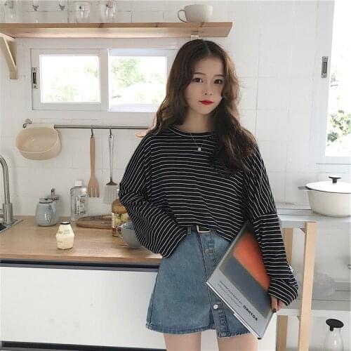 T-shirt Women Long Sleeve Korean Style Students Loose Striped Leisure Womens All-match O-Neck T-shirts Trendy Ladies Breathable