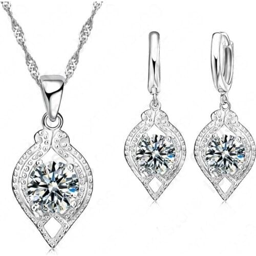 925 Sterling Silver Wedding Jewelry CZ Cubic Zircon Crystal Pendant Necklace +Earrings For Women Party Anniversary
