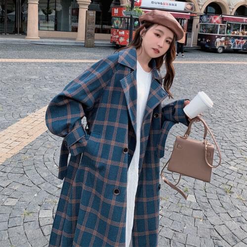 Blue Plaid Trench Coat Belt 2020 Autumn Women Korean Loose Lattice Windbreaker Ladies Double-breasted British Long Overwear H120
