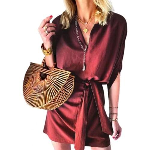 2021 Fashion Women Dress Tie Design Sweat Absorbent Solid Color Half sleeve Dress Summer Mini Short Dress for Fashion Show