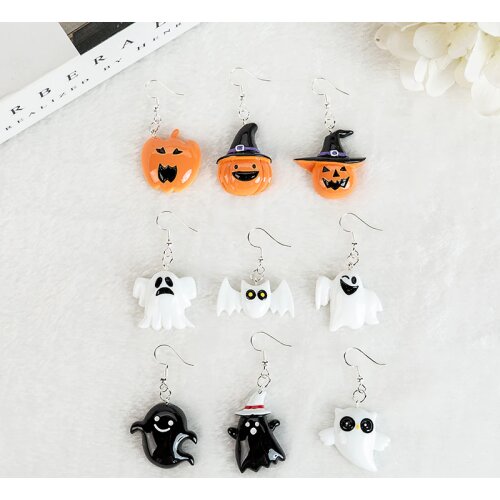1Pair Women Drop Earrings Flatback Resin Punk Halloween Charms Pumpkin Bat Ghost Handmade Party Jewelry