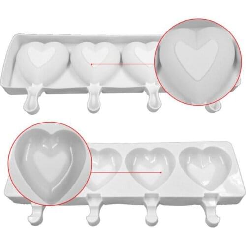 4 Hole Ice Cream Mould Ice Tray Popsicle Barrel Diy Silicone Heart-shaped Mold Dessert Ice Cream Tools With Popsicle Stick 2021
