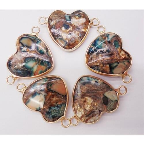 5Pcs 27x15x6mm Alloy Serging Blue & Brown Sea Sediment Jasper & Pyrite Love Heart Pendant DIY Jewelry Bracelet Accessories M460