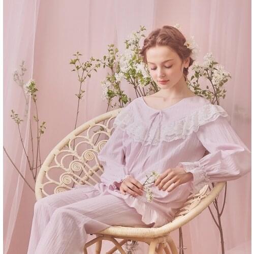 Free Shipping New Autumn Princess Womens Pajamas Long Pants Set Pink and Purple Sleepwear 100% Cotton Nightshirt Lace Nightgown