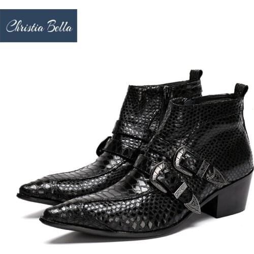 Christia Bella Autumn Winter Men Shoes Snake Skin Genuine Leather Boots Fashion Pointed Toe Boots Large Size Ankle Zipper Boots