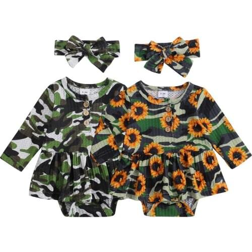 FOCUSNORM 0-18M Newborn Baby Girl Jumpsuits Headband Long Sleeve Camouflage Sunflower Printed Romper Dress 2PCS Outfits