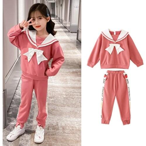 Kids Girls Clothing Set Summer New Sweet Bow long sleeved Navy collar T-shirt+Shorts Kids 2PCS Suit Baby Kids Girl Clothes