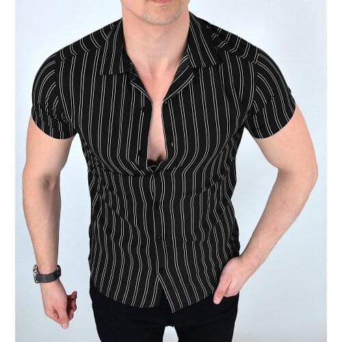 Mens Fashion Summer Casual Double Striped Short Sleeve Button Social Male Business Hawaiana Beach Muscle Slim Fit Saggy Regular
