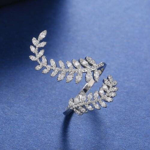 Graceful Leaves Both End of Open Ring Silver Color Girl Cocktail Party Rings Shine Crystal Zircon Fashion Women Jewelry luxury