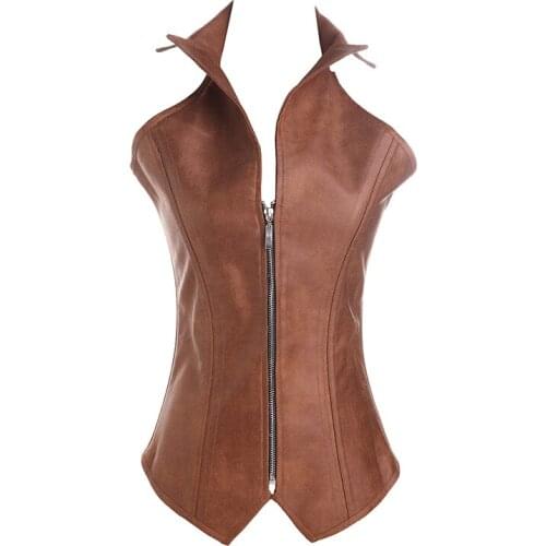 Overbust Corset Sexy Lapel Steel Boned Steampunk Costume Gaine Amincissante Femme Faux Leather Zipper Plus Size S-6XL