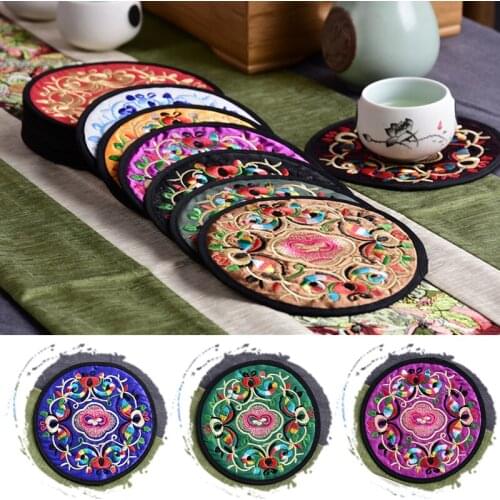 Round Modern Chinese Fabric Embroidered Coasters Vintage Ethnic Floral Design Teacup Mat Home Durable Insulation Pads