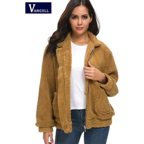 Vangull New Spring Autumn Fuzzy Faux Fur Teddy Bear Coat Jacket Women Fashion Overcoat Female Casual Long Sleeve Pocket Jackets