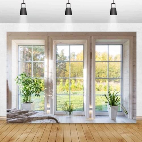 Laeacco Cozy Life Living Room French Window Spring Potted Plants Park Interior Photographic Background Photo Backdrop Photocall