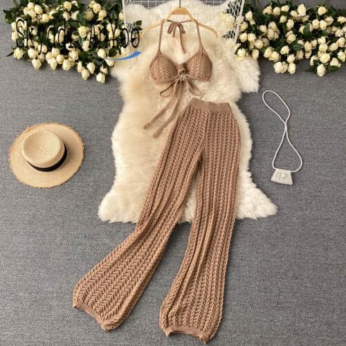 Summer Two Piece Set Women Beach holiday Suits Hollow Out Knitted Sexy Bikini Tube Top Sets High Waist Pants Womens Outfits