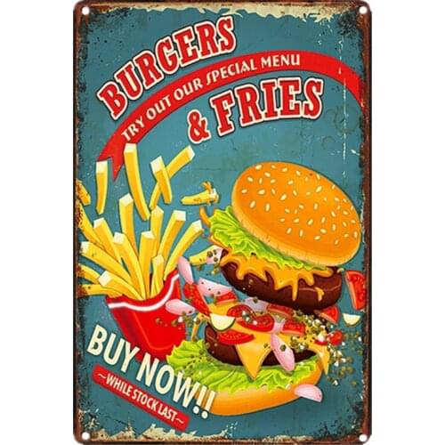 Burgers & Fries Metal Tin Sign Bar Fast Food Wall Decoration Vintage Metal Home Decor Painting Plaques Art Poster