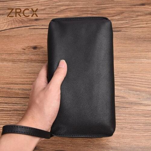ZRCX Mens LargeCapacity Clutch Bag Top Layer Cowhide Handbag Mens Casual Soft Leather Long Wallet Simple Mobile Phone Bag