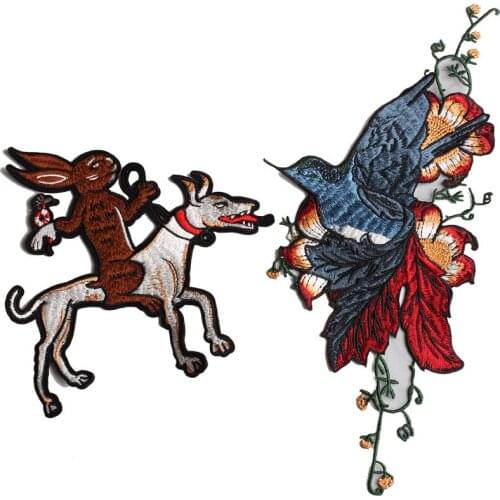 GUGUTREE embroidery big rabbit patches bird flower patches badges applique patches for clothing JW-106