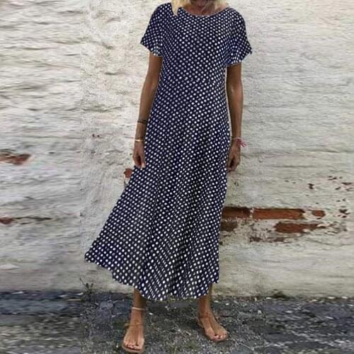 ZANZEA Women Bohemian Sundress Summer Polka Dot Printed Long Maxi Dress Vintage Short Sleeve Beach Kaftan Loose Dresses Vestido