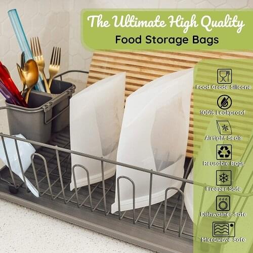 Zipper Silicone Bag Food Storage Bag Ziplock Fresh-keeping Bag Reusable Kitchen Food Bag 1000ml White 6pcs