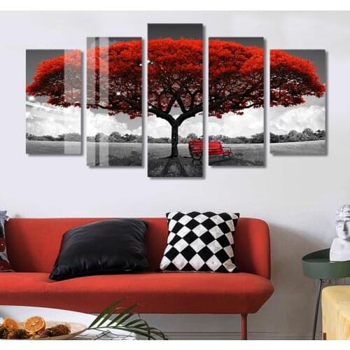 Modern Romantic 5 Panels Red Tree Landscape Canvas Paintings Wall Art Pictures Prints and Posters for Living Room Home Decor