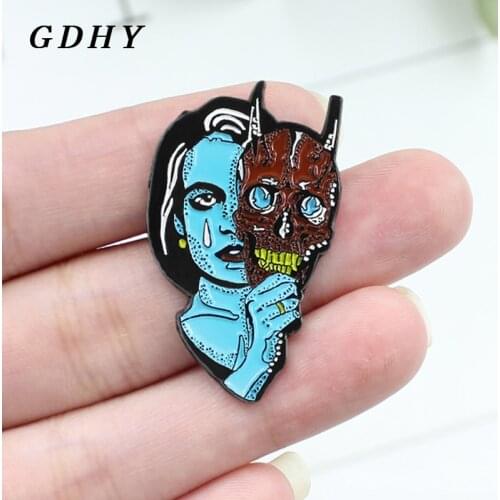 GDHY Sad Blue witch Alien Devil Mask Brooch Enamel pins for Women Pins Horror Demon Gothic Brooches Badges Halloween Jewelry