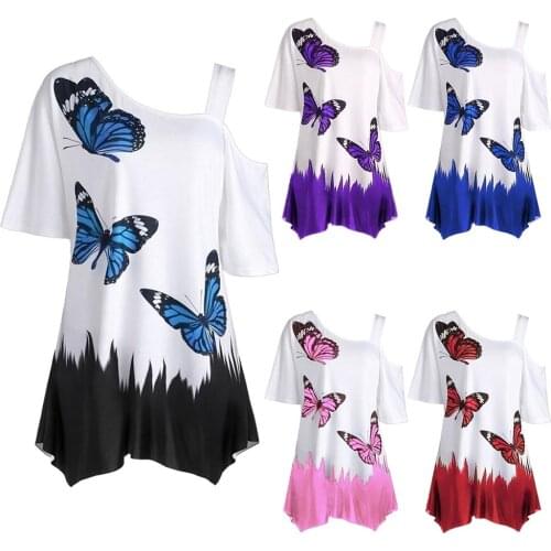 Plus Size Women Butterfly Print T-shirt Cold Shoulder Short Sleeve Tunic Tee Top