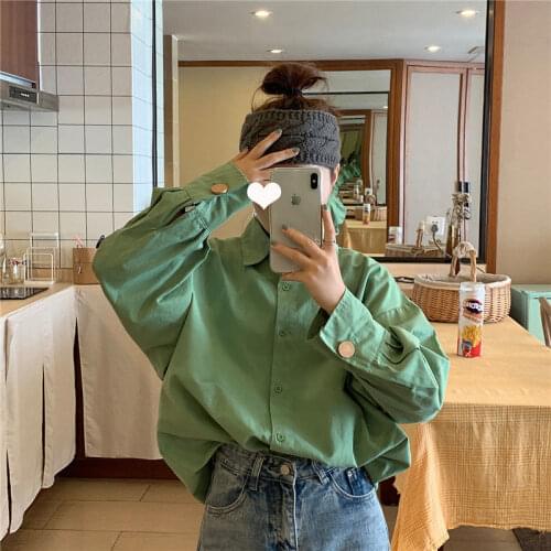 HOUZHOU White Womens Shirt Long Sleeve Vintage Oversized Korean Style Streetwear Harajuku Green Top Casual Chic Blouse Female