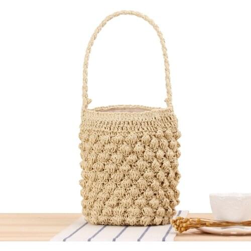 Fashion Bohemian Bucket Straw Bag For Women Mini Handbag Phone Holder Summer Beach Tote Bag With String Lining Woven Handbag
