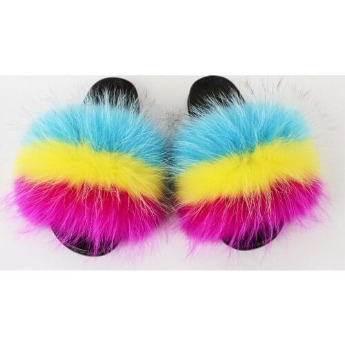 New Real Raccoon Fur Women’s Slippers Summer Horizontal Pattern Plush Cute Plus Size Indoor Sandals Natural Raccoon Fur TX43