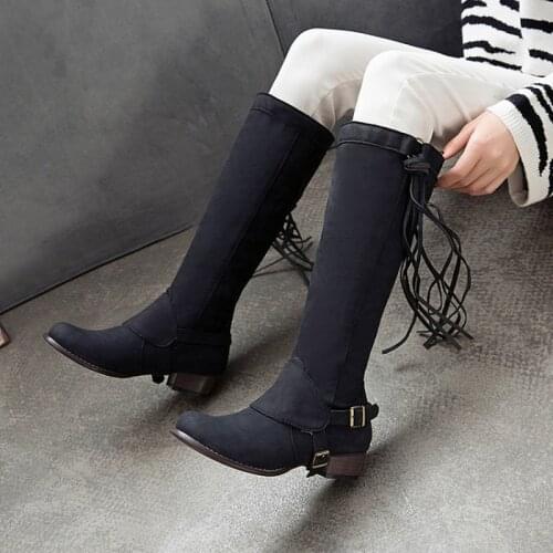 NEW Winter Women Shoes Long Knee-High Boots Round Toe Big Size Med Square Heels Fringe Buckle Short Plush Warm Inside Fashion