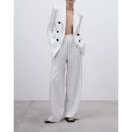 Za 2021 Fashion Suit Two Pieces Sets Women Striped Double-breasted Blazer and Wide Leg Pants Elegant Office Lady Wear Set BB1380