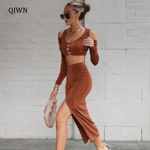 Autumn Fashion Button Up Slit Dress Sets Skirt Fashion Outfits 2 Piece Sets Top and Skirts for Women Matching Sets