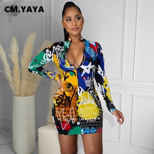 CM.YAYA Graffiti Letter Midi Bodycon Dress for Women Streetwear Long Sleeve Zipper Mini Dresses Pencil Vestido fall winter